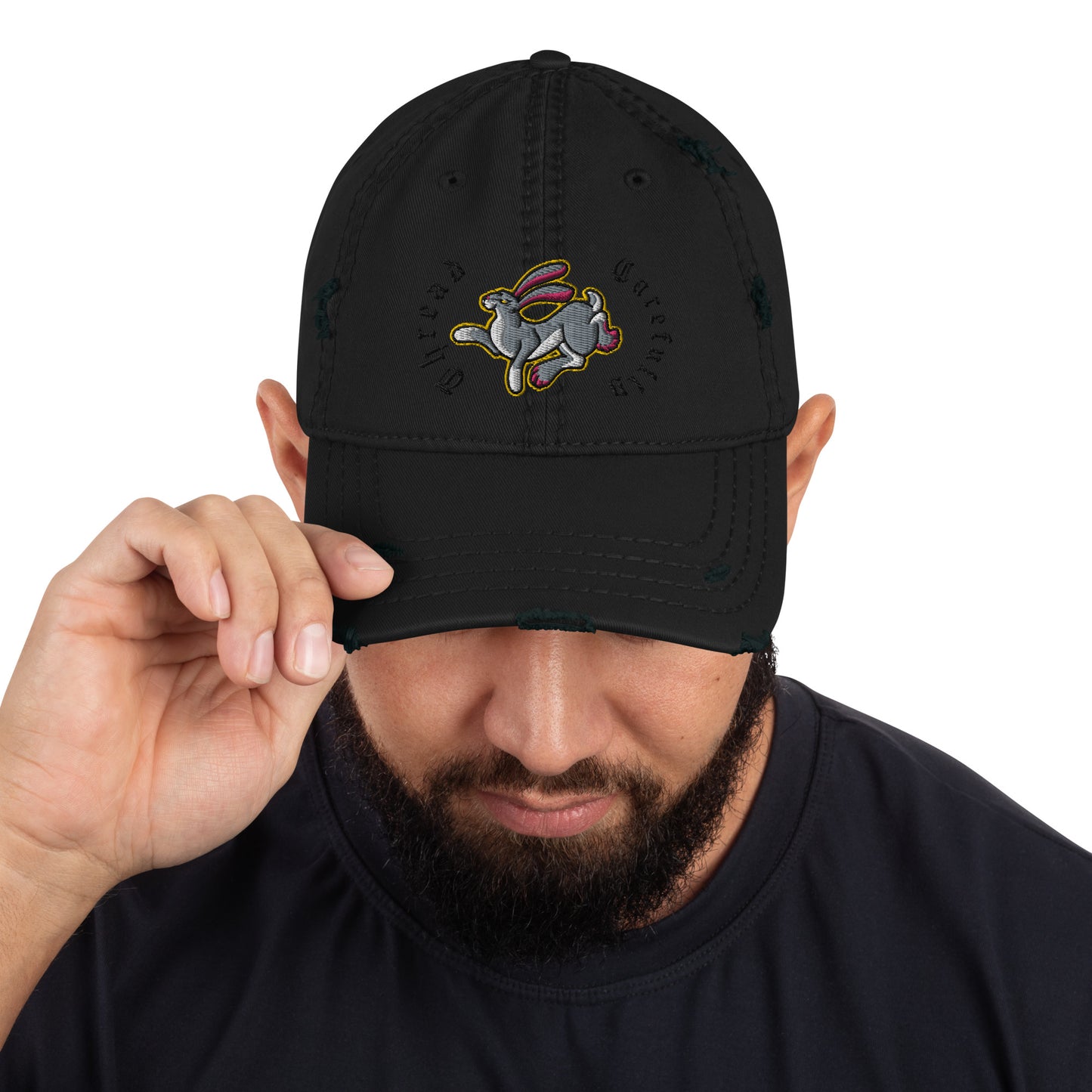 Embroidered Rabbit: Thread Carefully - Distressed Dad Hat