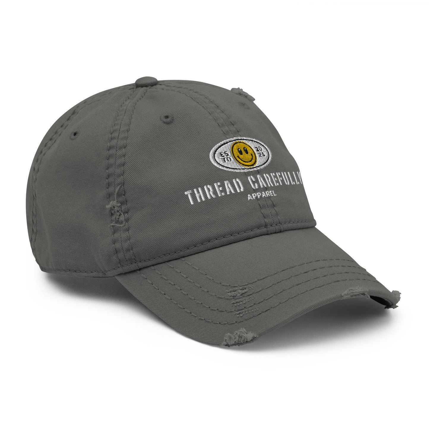 Embroidered Smiley Logo: Thread Carefully - Distressed Dad Hat