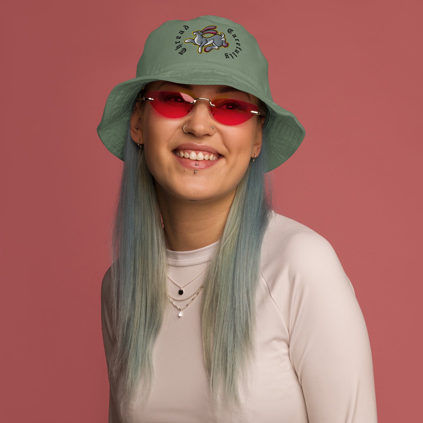 Embroidered Leaping Rabbit: Organic bucket hat