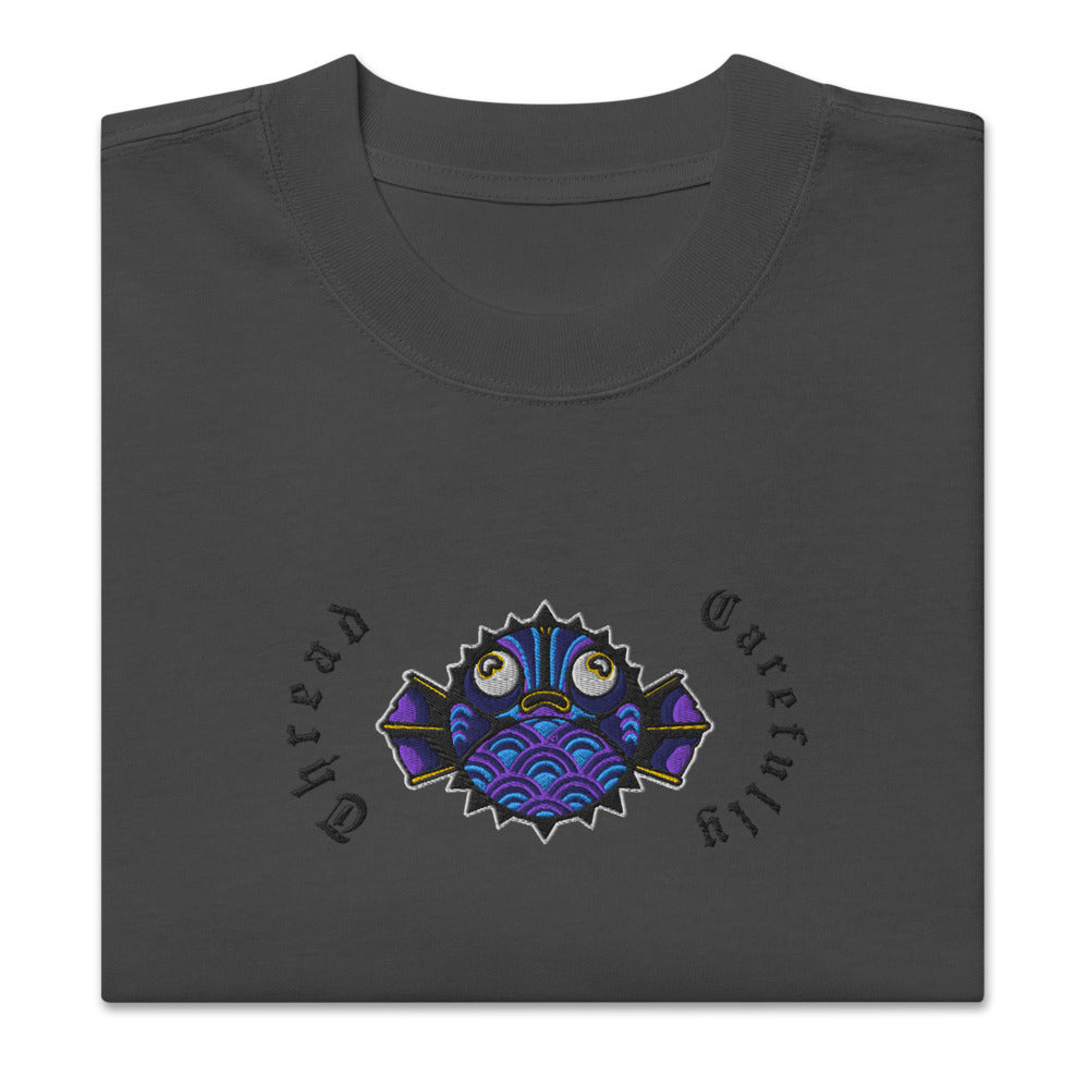 Puffer Fish: Embroidered Premium Oversized faded t-shirt