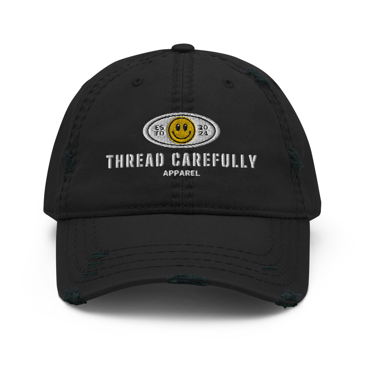 Embroidered Smiley Logo: Thread Carefully - Distressed Dad Hat
