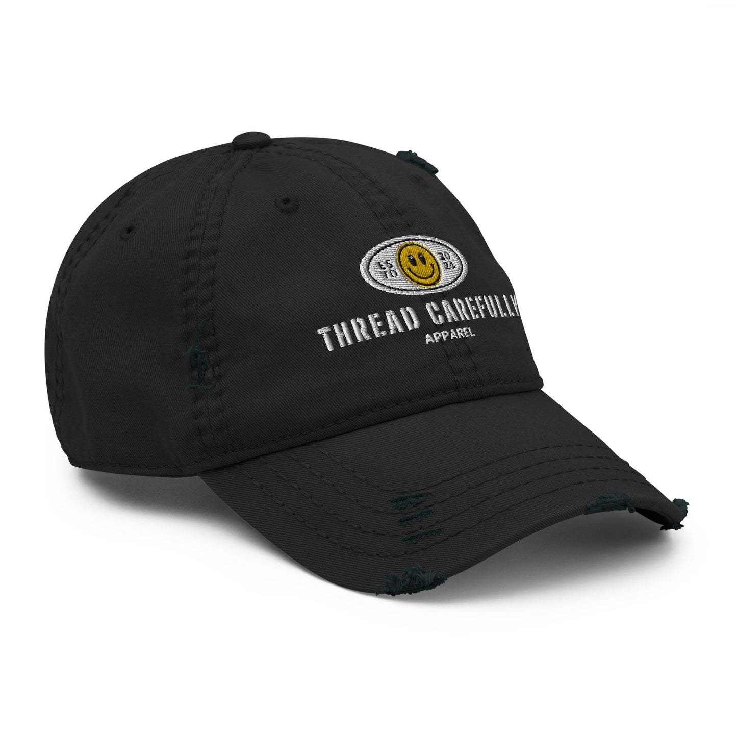 Embroidered Smiley Logo: Thread Carefully - Distressed Dad Hat