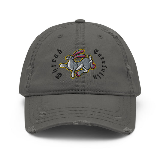 Embroidered Rabbit: Thread Carefully - Distressed Dad Hat