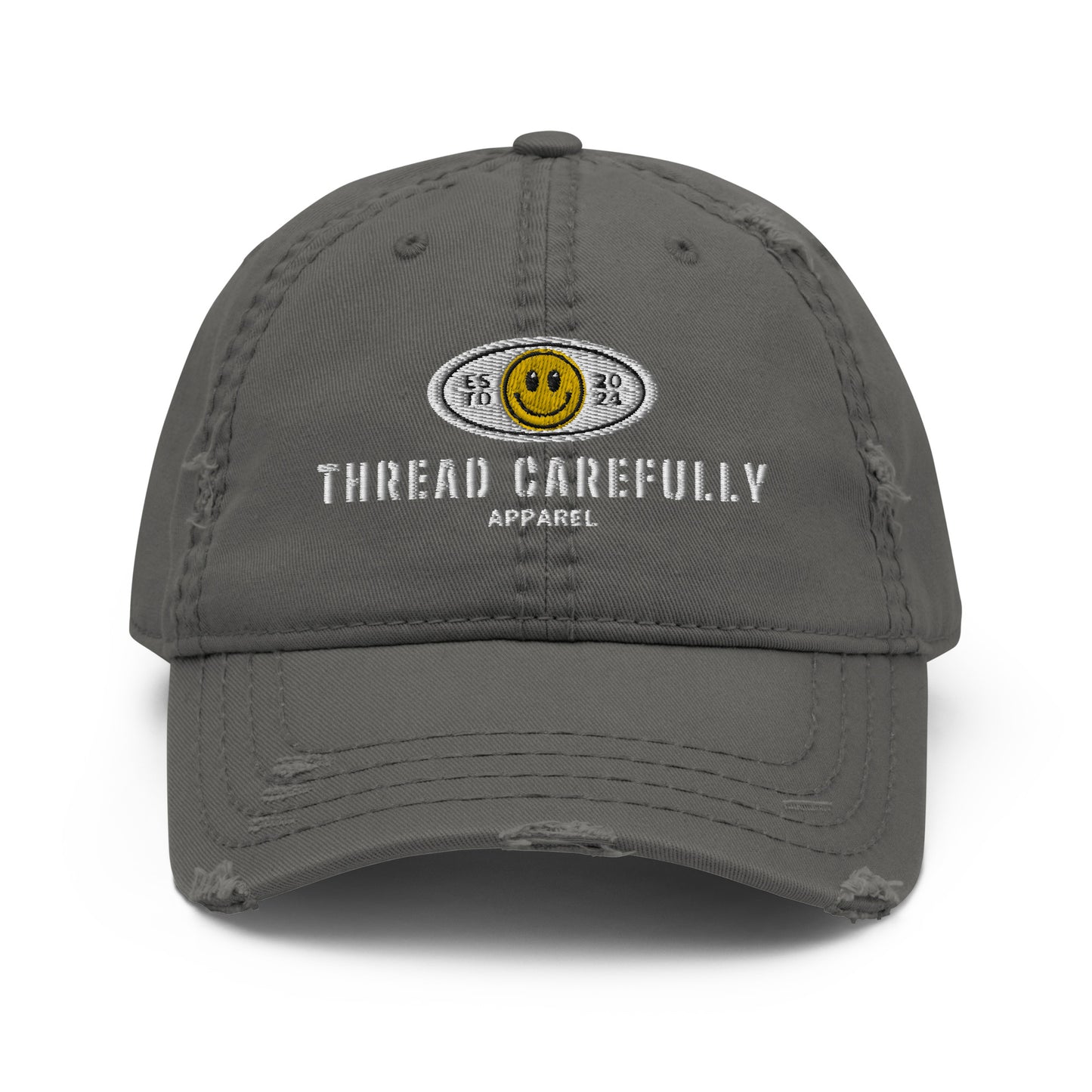 Embroidered Smiley Logo: Thread Carefully - Distressed Dad Hat