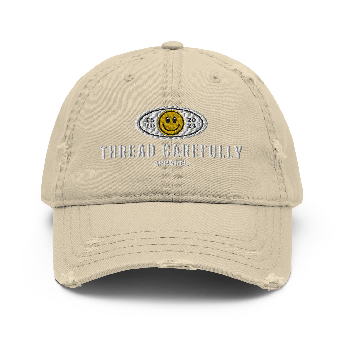 Embroidered Smiley Logo: Thread Carefully - Distressed Dad Hat