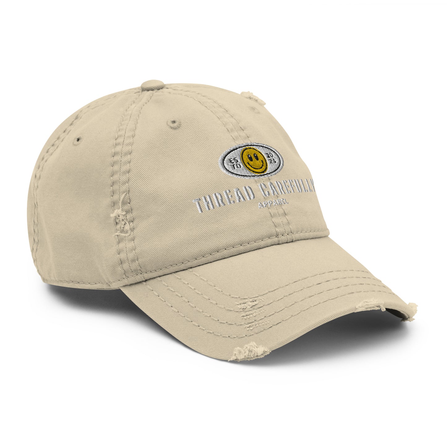 Embroidered Smiley Logo: Thread Carefully - Distressed Dad Hat