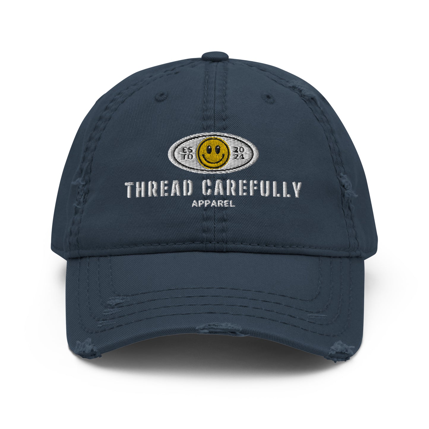 Embroidered Smiley Logo: Thread Carefully - Distressed Dad Hat