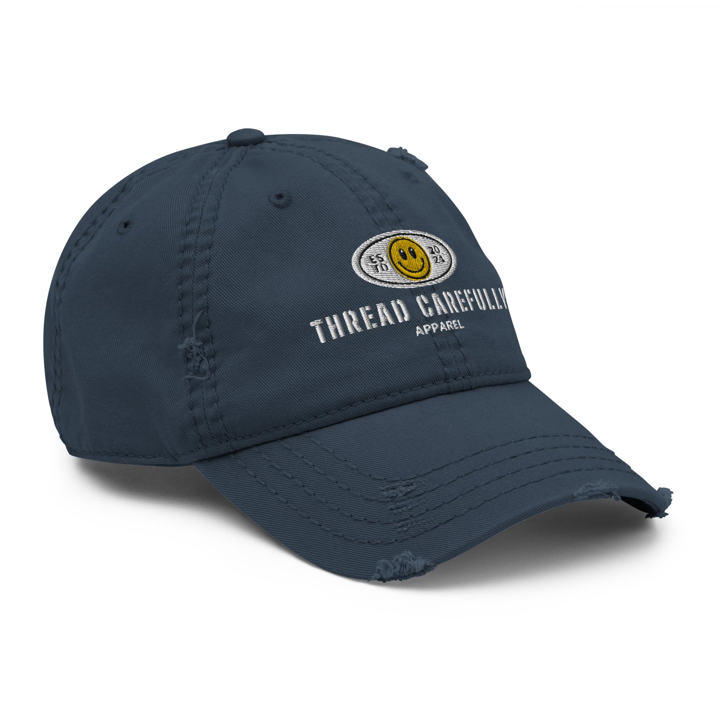 Embroidered Smiley Logo: Thread Carefully - Distressed Dad Hat
