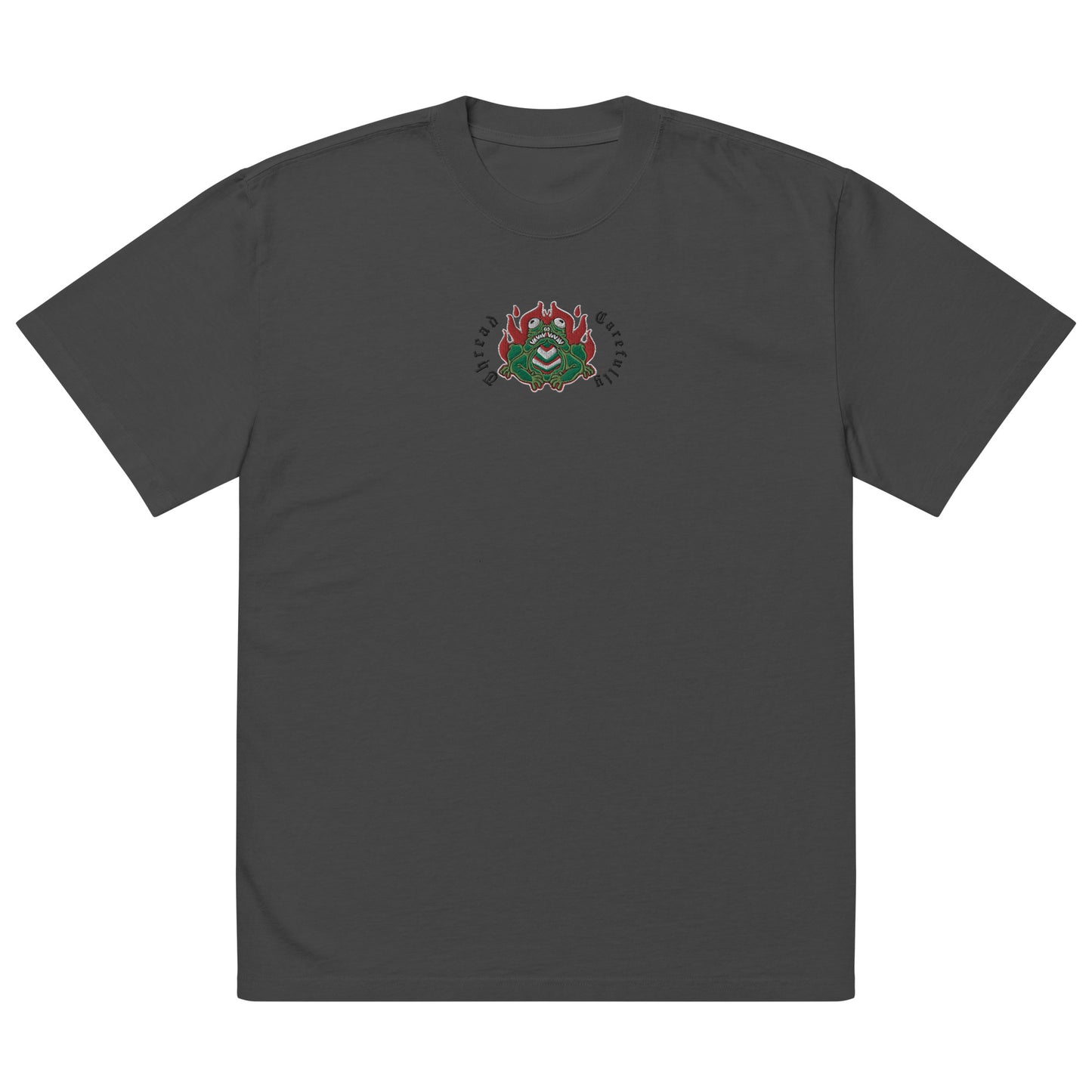 Fire Frog: Embroidered Premium Oversized faded t-shirt