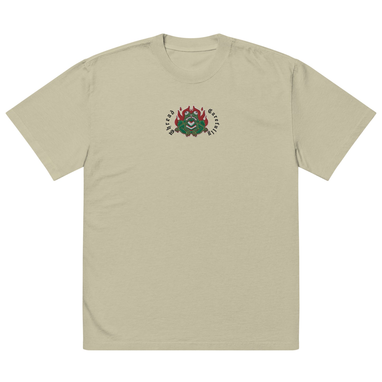 Fire Frog: Embroidered Premium Oversized faded t-shirt